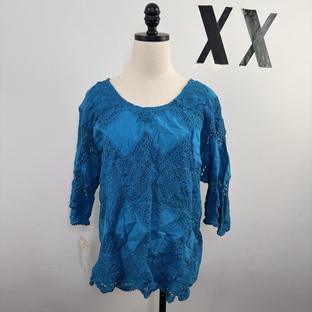 Vintage 80s Crochet Patchwork Lace Sheer Top 3/4 Sleeve Boho Hippie Grunge L